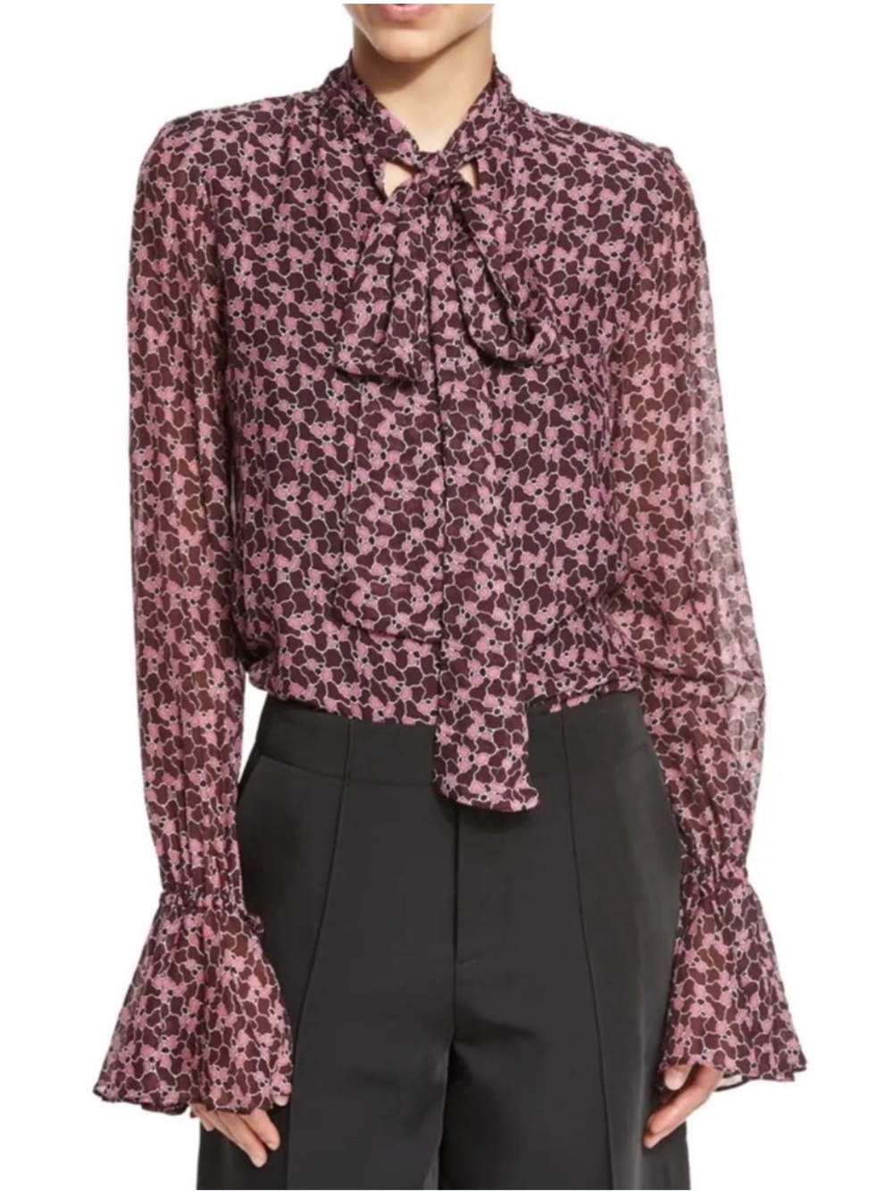 Alexis Romin Maroon Rust Floral Pussybow Ruffle Sleeve Top Blouse